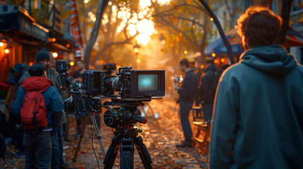 Obraz premium Behind the scene. Film crew team filming movie scene on outdoor location. Group cinema set.