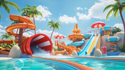 Fototapeta premium 3D cartoon image of a waterslide, water park with palm trees, umbrellas, bubbles, and lifebuoy.