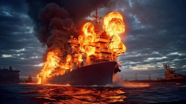 illustration about the sinking of Moskva Russian warship in the war between Russia VS Ukraine. On the Black sea of Odessa city. AI-generated