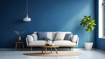 modern living room with sofa of a house in a living room, an empty blue wall in the background, sunlight, mockup , empty space ,home interior design 