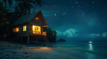 Foto op Canvas A beach hut stands on the shore of a tropical island. The windows glow in the moonlight and the starry sky is above. The wooden house is on stilts with a terrace overlooking the ocean. © Suleyman