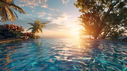 Fototapeta na wymiar A beautiful pool shimmers in the warm glow of the setting sun.