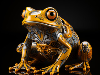 Elegant mechanical frog with ornate patterns on black