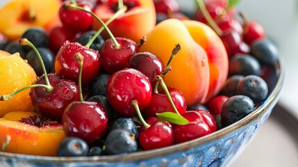 A bowl of fresh summer fruits, including berries, peaches, and cherries, is displayed up close.