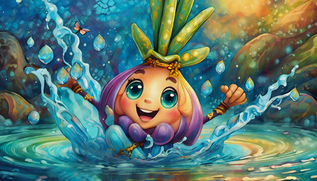 Oil painting style, Cartoon character onion in water splash, plants, vegetables