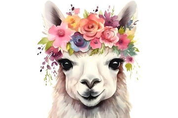 Obraz premium Llama with flowers on head in watercolor style isolated on white background. Can be used for print, web design, banner