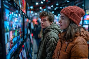 Young Couple Browsing Electronics in a Tech Store at Night