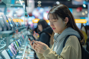 Woman Checking Cell Phone in Store