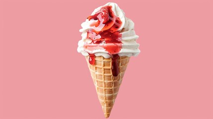 A cone of ice cream with a strawberry sauce topping on a pink background.