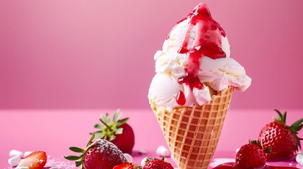 A cone of ice cream with a strawberry sauce topping on a pink background.