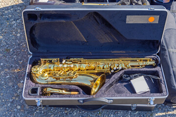 Golden Saxophone Music Instrument in Carrying Case at Flea Market