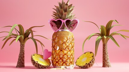 A fizzy drink in a can is placed in a half-cut pineapple. The drink has a pineapple flavor and is topped with heart-shaped sunglasses. Two small coconut trees are on either side of the pineapple.