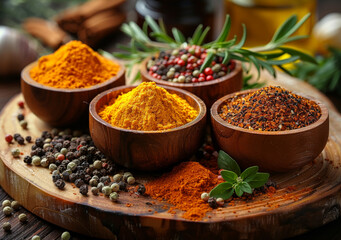 Spices for cooking with kitchen accessories on old background