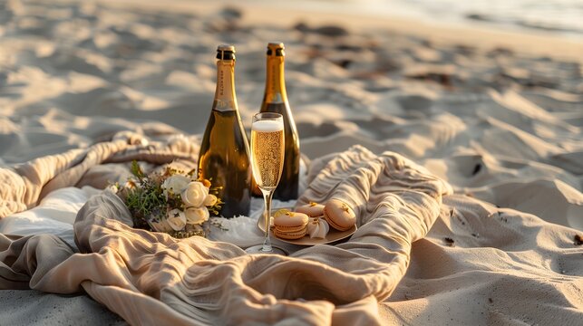Closeup view of blanket or canvas spread out on the sand of the beach, with bottles of ice-chilled champagne, beautifully decorated glasses and an enticing arrangement of desserts such as cakes, macar