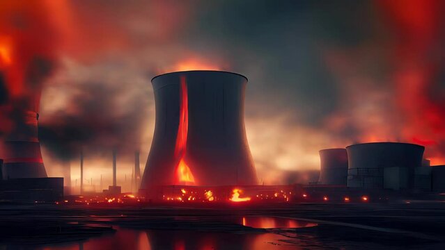 Nuclear ruins of the Chernobyl power plant in Ukraine due to the nuclear accident in 1986 in the Soviet Union, Radioactive nuclear reactors on fire. AI-generated.