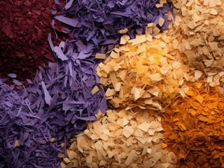 Various wood types' sawdust forms a colorful backdrop - obrazy, fototapety, plakaty