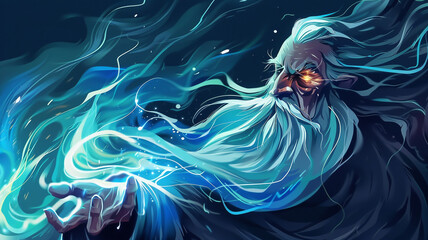 A mystical wizard graphical vector face with a flowing beard and robes, wielding arcane magic with a wise and benevolent hand. - obrazy, fototapety, plakaty