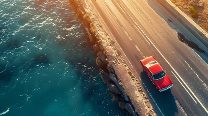 A car drives on a highway next to the ocean. This could represent vacation or renting a car.