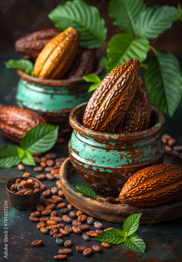 Poster cocoa beans and cocoa pod in rustic bowl on wooden table