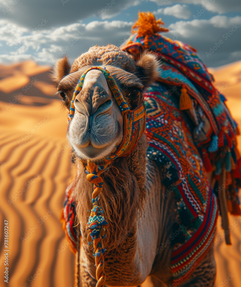 Poster camel standing in front of the sand dunes. an image of a camel standing in the desert