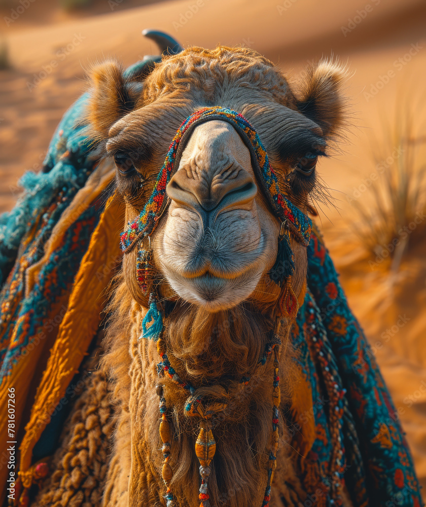Poster camel sitting in the desert sand. an image of a camel standing in the desert