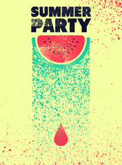 Summer Party typographic grunge style poster with juicy slice of watermelon. Retro vector illustration.