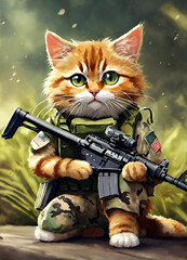 
a cute cat in ammunition with a weapon in his hands - obrazy, fototapety, plakaty