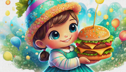 OIL PAINTING STYLE CARTOON CHARACTER CUTE BABY hold big burger isolated on white background, top view