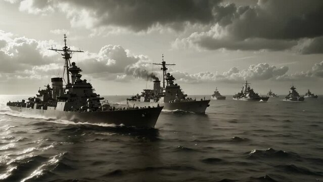 An old black-and-white AI-generateding of a 2nd World War sea battle between carriers and warships with American flags. Vintage American navy army fleet on the sea.