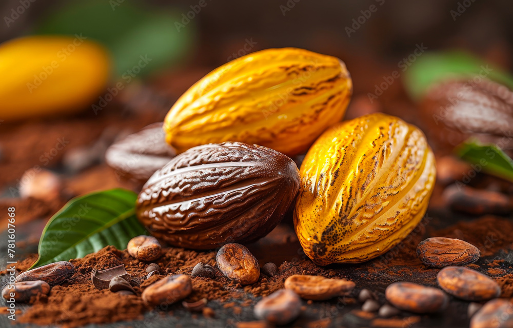 Poster cocoa beans and cocoa pod on wooden table