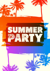 Summer Party typographic grunge vintage poster design with palm trees. Retro vector illustration.