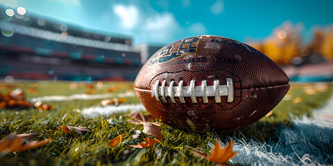Close up of american football ball on arena or stadium field grass background with autumn leaves. Sports safety equipment banner with copy space.
