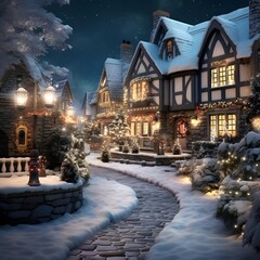 Christmas and New Year background. Winter landscape with Christmas trees and houses.