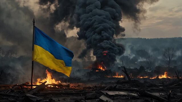 Flag the Ukraine army at dawn on the battlefield of liberated wasted city of Ukraine. Concept of Ukrainian counterattack in the war Russia-Ukraine in 2022. The glory of the Ukrainian resistance army.