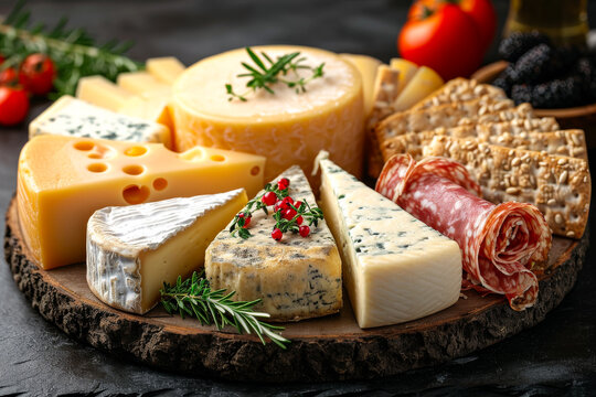 Various types of cheeses on wooden board. Cheese plate