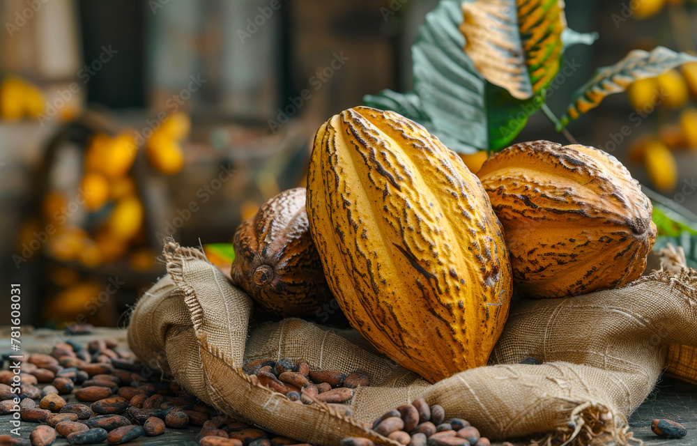 Poster cocoa beans and cocoa fruits fresh cocoa pod cut exposing cocoa seeds with cocoa plant in background
