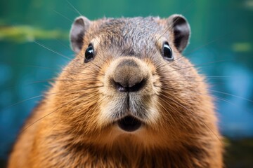 Prairie dog close-up view. Wild beaver look at camera, macro view