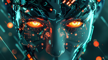 A cybernetic graphical vector face with metallic implants and glowing cybernetic eyes, blending human and machine in a futuristic fusion.