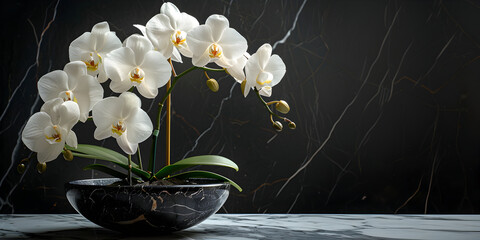 Beautiful tropical white phalaenopsis orchid in black stone pot on dark marble wall background with copy space. Spa center environment, home or office interior, relaxation and wellness concept.
