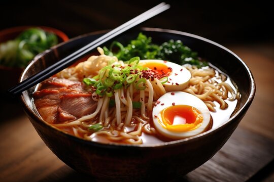 Thai noodle soup closeup. Asian traditional food. Korean ramen