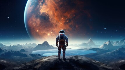 An astronaut stands on a rocky outcrop and looks at a large planet. The planet is orange-red, with a large lake in the foreground. The sky is blue and there are mountains in the background.