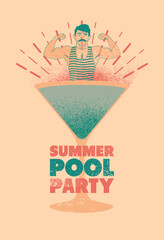 Summer Pool Party typographic grunge vintage poster design with cocktail martini glass and retro swimmer. Vector illustration.