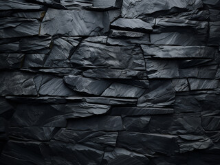 A dark grey slate background showcases textured black stone