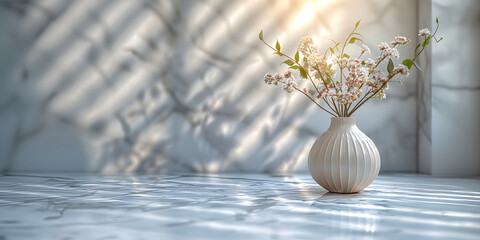 Shelf or table with a white ceramic vase and white spring flowers branches and shadow at textured marmor wall. Minimalist interior home or office design mockup concept with decoration and copy space.