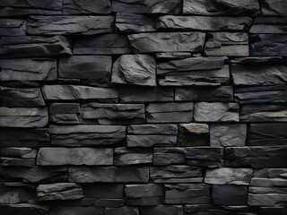 Stone blocks compose the textured background of the black wall - obrazy, fototapety, plakaty