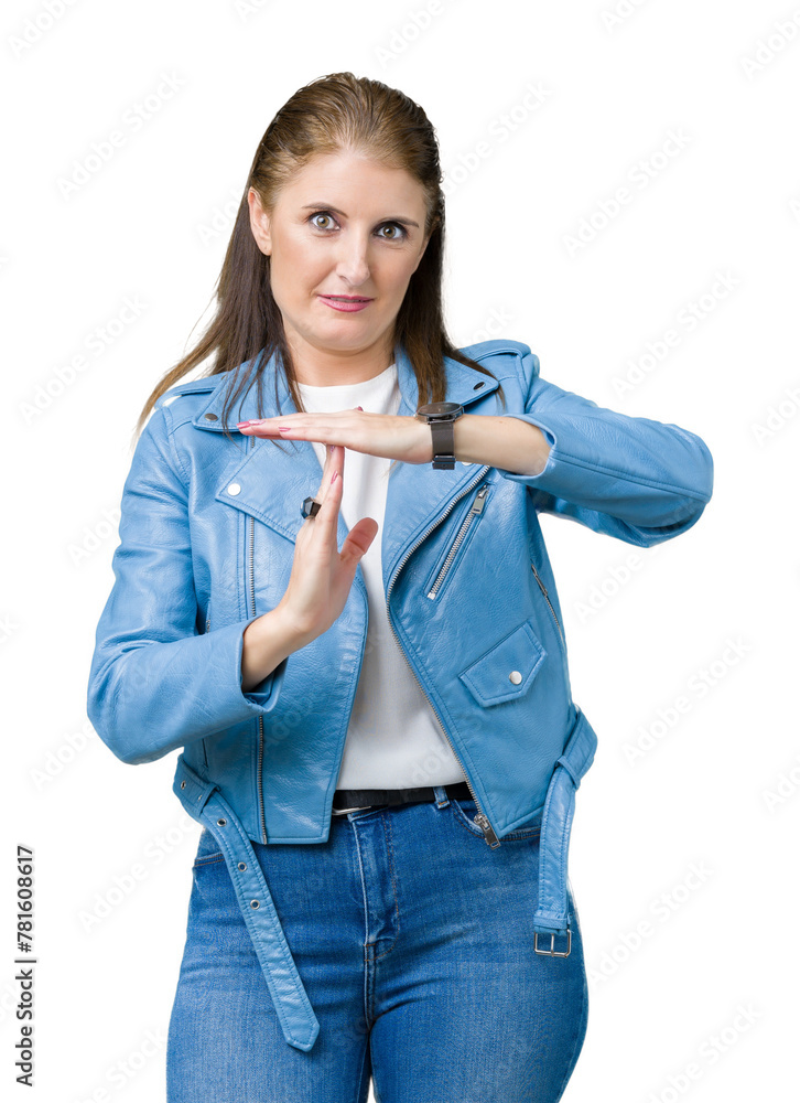 Sticker Beautiful middle age mature woman wearing fashion leather jacket over isolated background Doing time out gesture with hands, frustrated and serious face