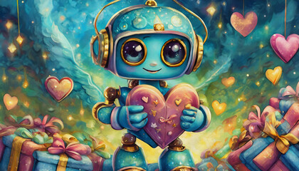oil painting style cartoon character Cute robot presenting heart shaped gift blurred background