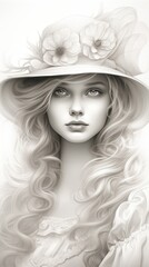A beautiful young girl with long curly hair and a hat with flowers.