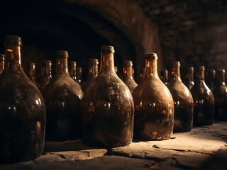 Shallow depth of field highlights old dusty bottles in a wine cellar