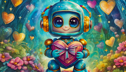 oil painting style cartoon character Cute robot presenting heart shaped gift blurred background